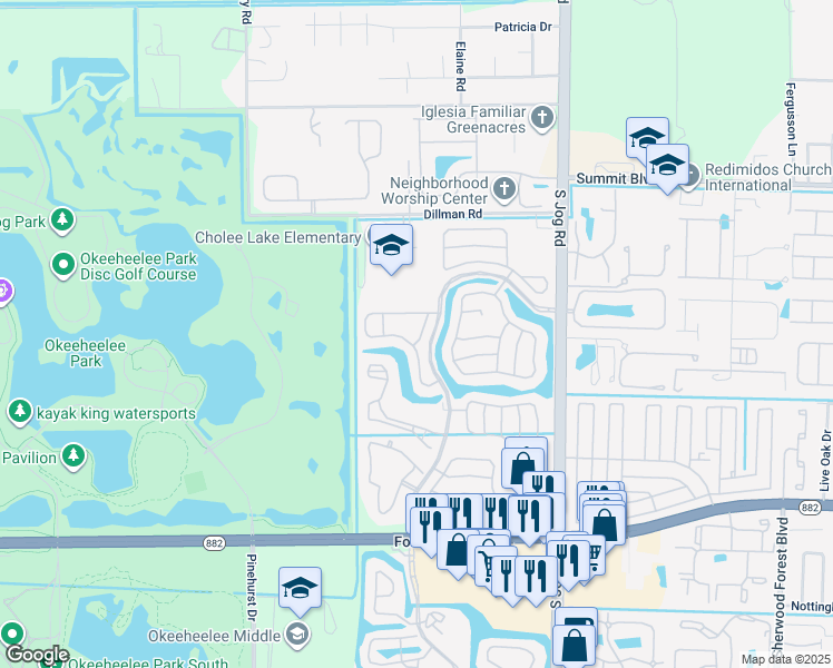 map of restaurants, bars, coffee shops, grocery stores, and more near 1329 Fishers Place in Greenacres