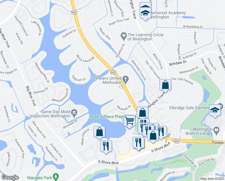 map of restaurants, bars, coffee shops, grocery stores, and more near 12341 Westhampton Circle in Wellington
