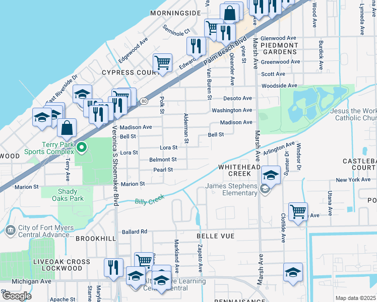 map of restaurants, bars, coffee shops, grocery stores, and more near 3919 Belmont Street in Fort Myers