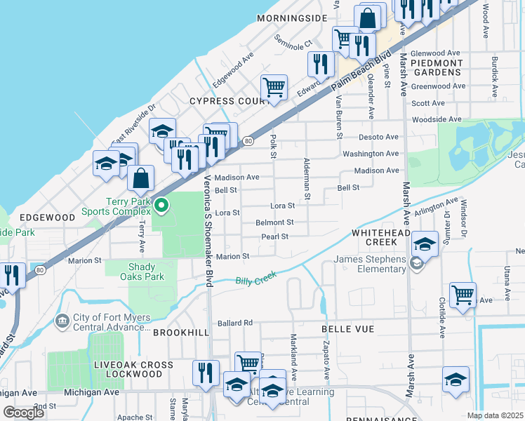 map of restaurants, bars, coffee shops, grocery stores, and more near 3754 Lora Street in Fort Myers