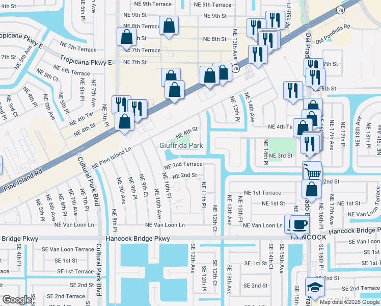 map of restaurants, bars, coffee shops, grocery stores, and more near 1102 Northeast 3rd Street in Cape Coral