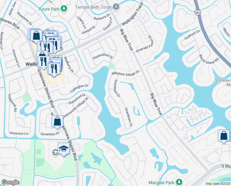 map of restaurants, bars, coffee shops, grocery stores, and more near 1601 Grantham Drive in Wellington