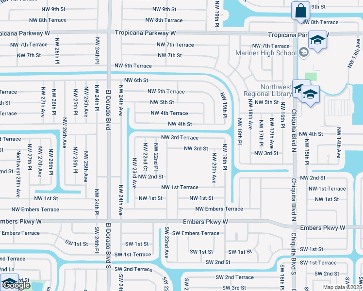 map of restaurants, bars, coffee shops, grocery stores, and more near 2049 NW 3rd St in Cape Coral