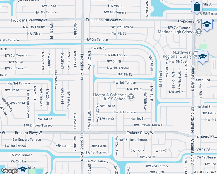 map of restaurants, bars, coffee shops, grocery stores, and more near 235 Northwest 22nd Court in Cape Coral