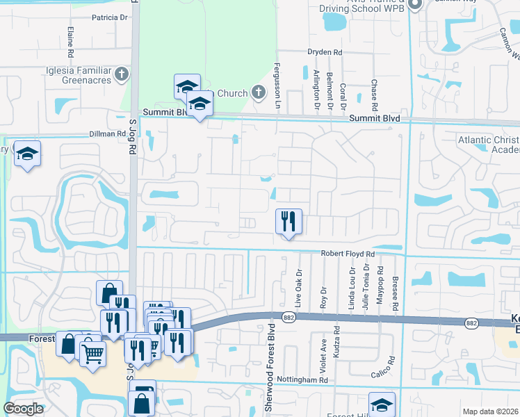 map of restaurants, bars, coffee shops, grocery stores, and more near 6036 Wildfire Way in West Palm Beach