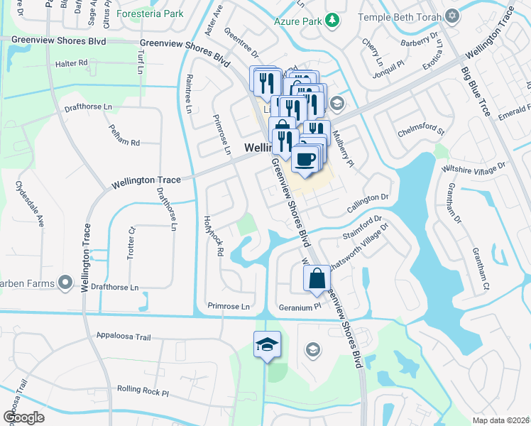 map of restaurants, bars, coffee shops, grocery stores, and more near 1595 Hawthorne Place in Wellington