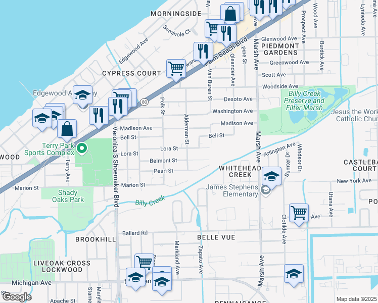 map of restaurants, bars, coffee shops, grocery stores, and more near 1055 Alderman Street in Fort Myers