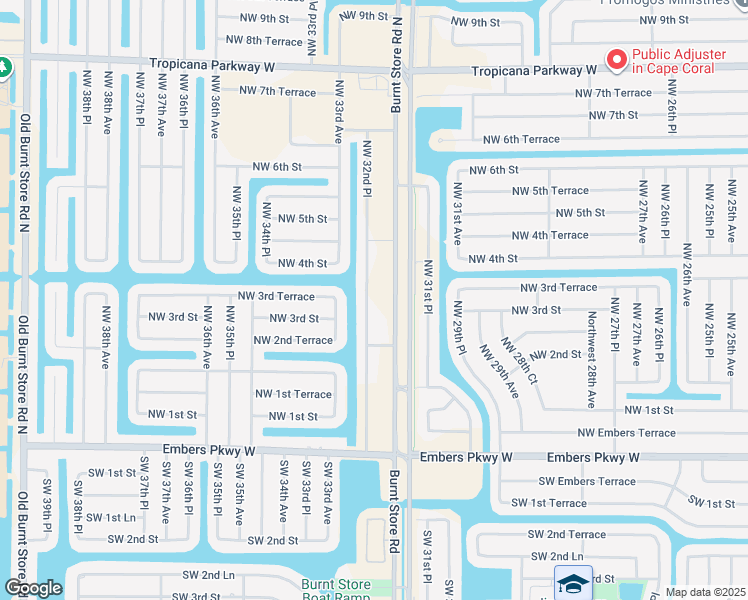 map of restaurants, bars, coffee shops, grocery stores, and more near 313 Northwest 32nd Place in Cape Coral