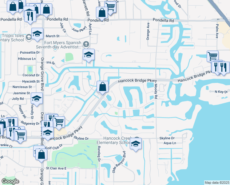 map of restaurants, bars, coffee shops, grocery stores, and more near 13068 Sail Away Street in North Fort Myers