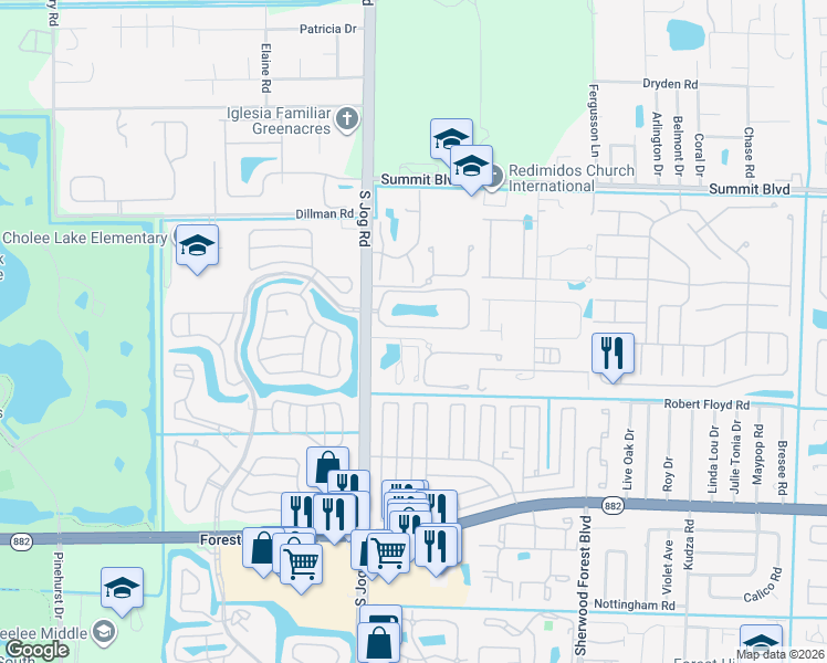 map of restaurants, bars, coffee shops, grocery stores, and more near 802 Maplewood Drive in Greenacres