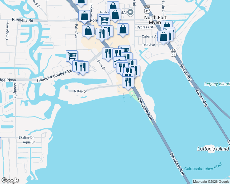 map of restaurants, bars, coffee shops, grocery stores, and more near 3326 North Key Drive in North Fort Myers