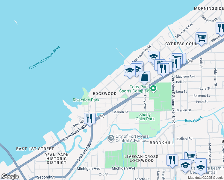 map of restaurants, bars, coffee shops, grocery stores, and more near 3215 Edgewood Avenue in Fort Myers