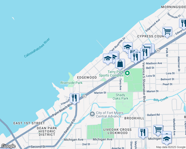 map of restaurants, bars, coffee shops, grocery stores, and more near 3215 Edgewood Avenue in Fort Myers