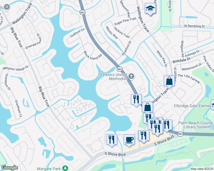 map of restaurants, bars, coffee shops, grocery stores, and more near 12427 Peconic Court in Wellington