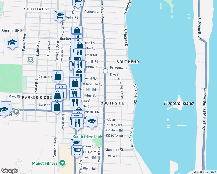 map of restaurants, bars, coffee shops, grocery stores, and more near 301 Franklin Road in West Palm Beach