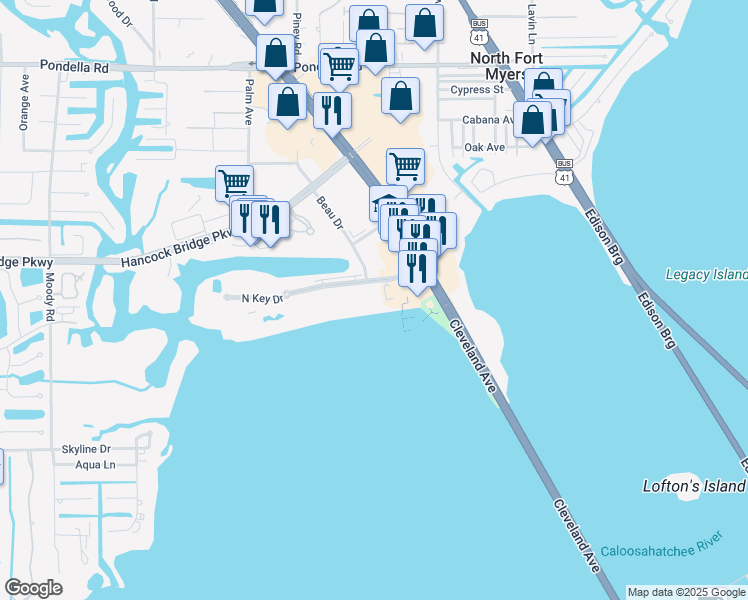 map of restaurants, bars, coffee shops, grocery stores, and more near 3334 North Key Drive in North Fort Myers