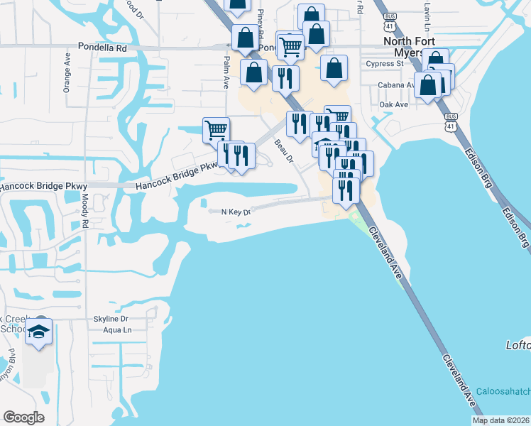 map of restaurants, bars, coffee shops, grocery stores, and more near 3460 North Key Drive in North Fort Myers