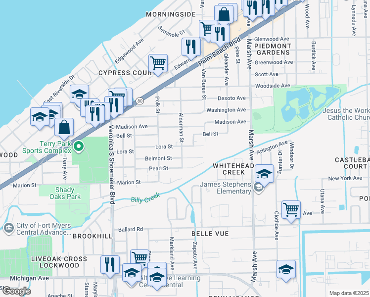 map of restaurants, bars, coffee shops, grocery stores, and more near 3919 Belmont Street in Fort Myers