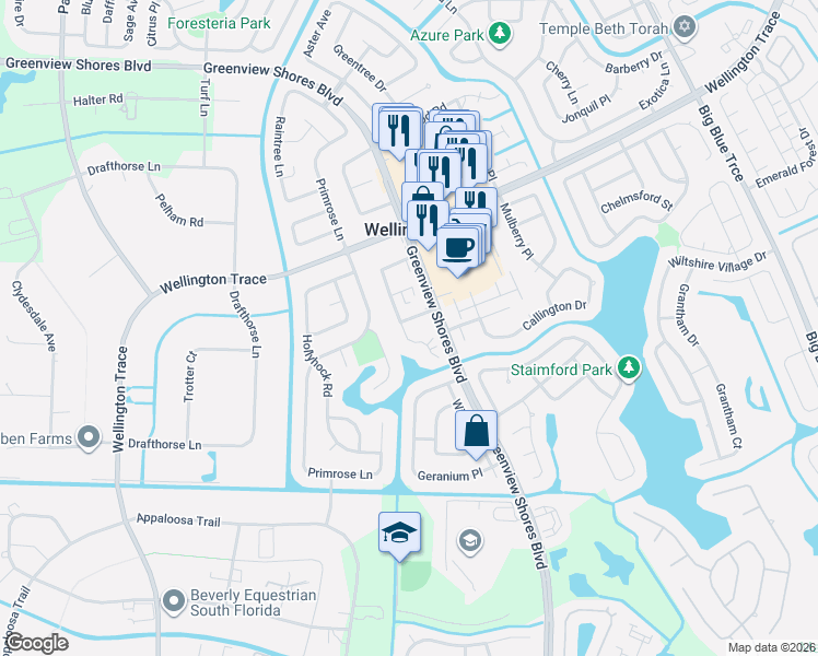 map of restaurants, bars, coffee shops, grocery stores, and more near 1622 Hawthorne Place in Wellington