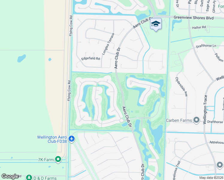 map of restaurants, bars, coffee shops, grocery stores, and more near 15620 Latina Place in Wellington