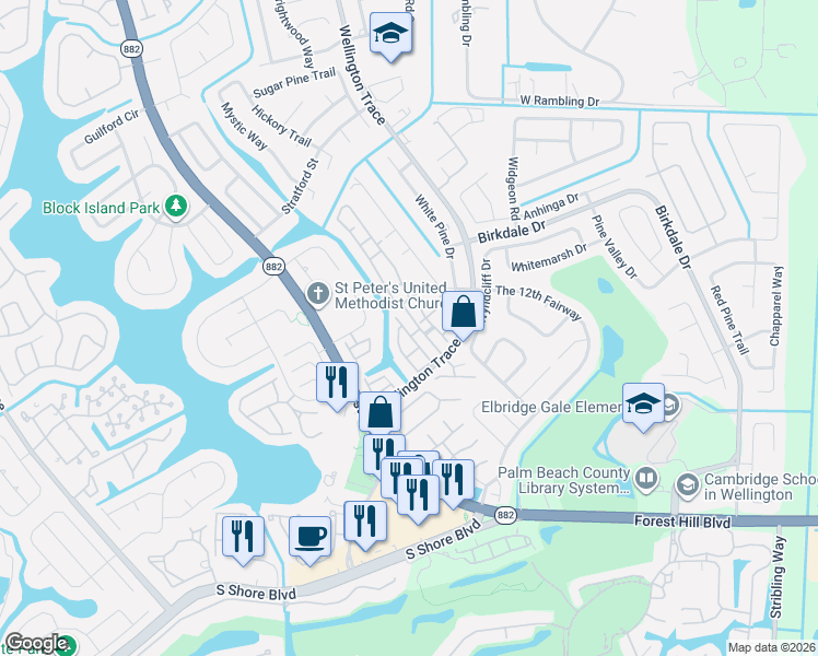 map of restaurants, bars, coffee shops, grocery stores, and more near 1538 Waterway Lane in Wellington