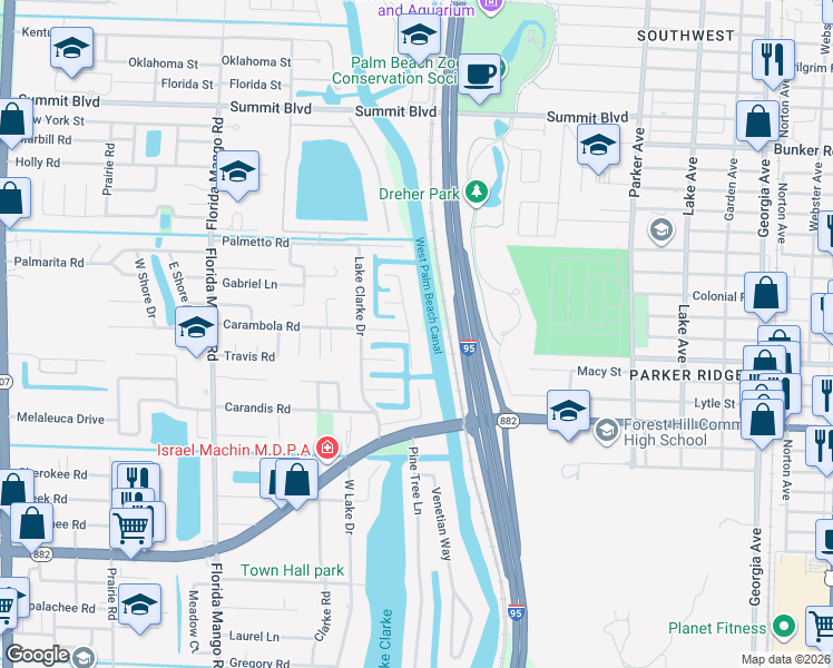 map of restaurants, bars, coffee shops, grocery stores, and more near 1410 Carambola Road in West Palm Beach