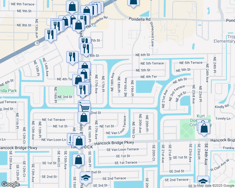 map of restaurants, bars, coffee shops, grocery stores, and more near 306 Northeast 18th Place in Cape Coral