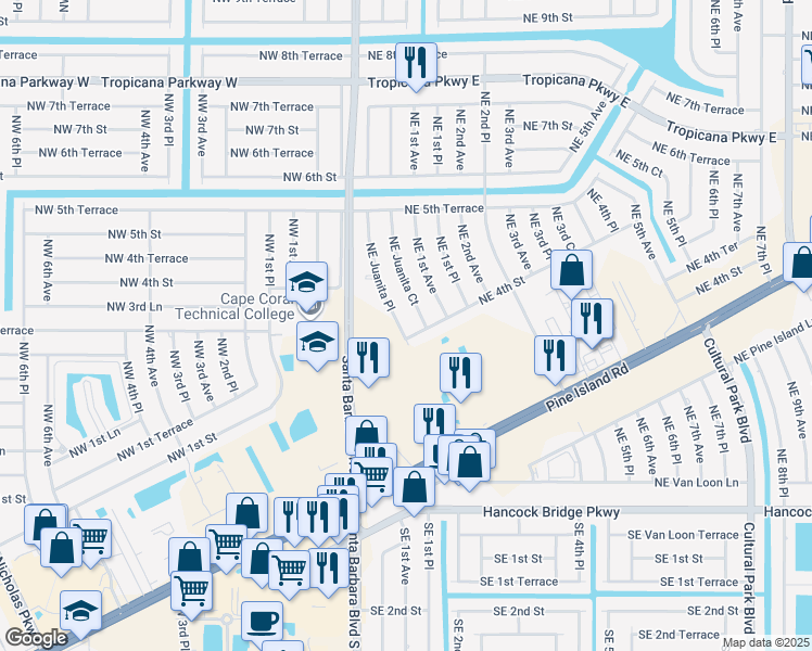 map of restaurants, bars, coffee shops, grocery stores, and more near 407 Northeast Juanita Place in Cape Coral