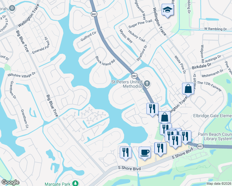 map of restaurants, bars, coffee shops, grocery stores, and more near 12435 Peconic Court in Wellington