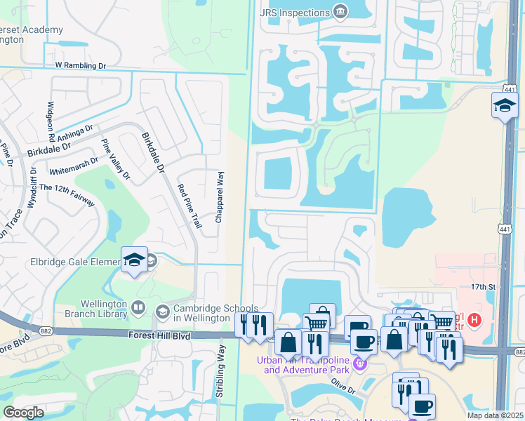 map of restaurants, bars, coffee shops, grocery stores, and more near 10811 Oak Bend Way in Wellington