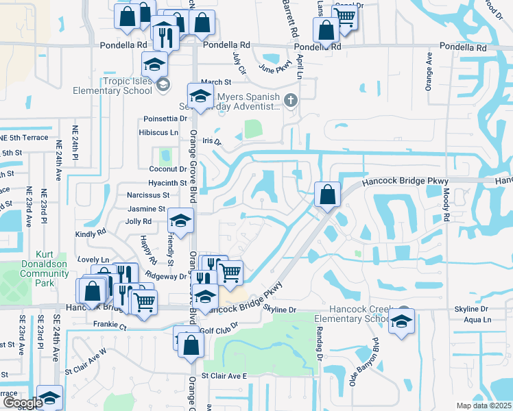 map of restaurants, bars, coffee shops, grocery stores, and more near 9143 Palm Island Circle in North Fort Myers