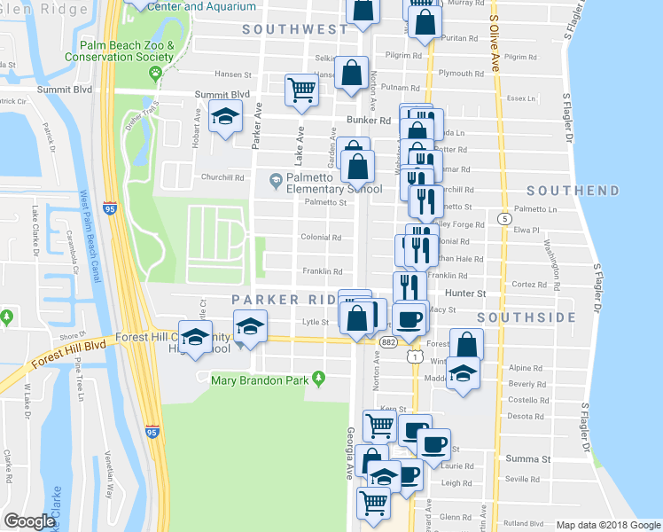 map of restaurants, bars, coffee shops, grocery stores, and more near 620 Franklin Road in West Palm Beach