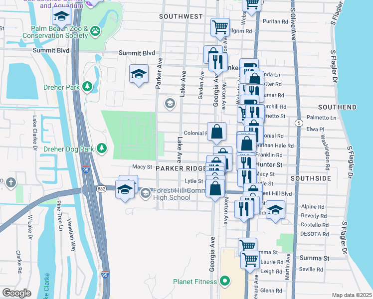 map of restaurants, bars, coffee shops, grocery stores, and more near 710 Franklin Road in West Palm Beach