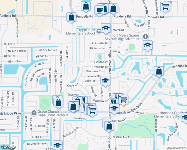 map of restaurants, bars, coffee shops, grocery stores, and more near 935 Jasmine Street in North Fort Myers