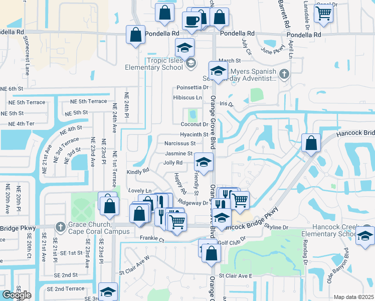 map of restaurants, bars, coffee shops, grocery stores, and more near 935 Jasmine Street in North Fort Myers