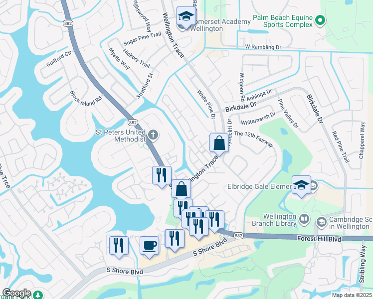 map of restaurants, bars, coffee shops, grocery stores, and more near 12136 Regal Court East in Wellington