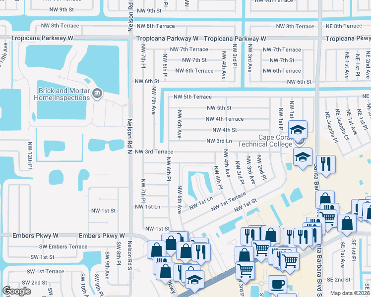 map of restaurants, bars, coffee shops, grocery stores, and more near 517 Northwest 3rd Terrace in Cape Coral