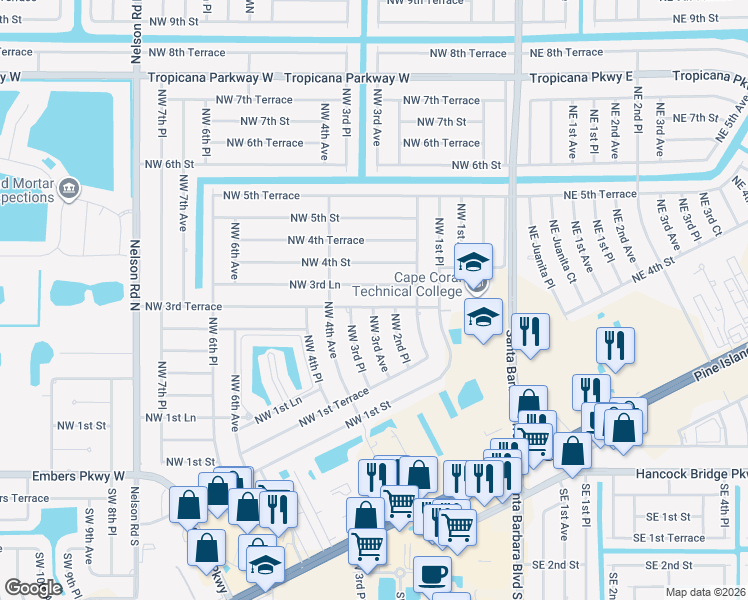 map of restaurants, bars, coffee shops, grocery stores, and more near 306 Northwest 3rd Avenue in Cape Coral