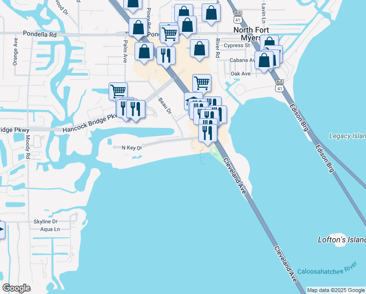 map of restaurants, bars, coffee shops, grocery stores, and more near 3338 North Key Drive in North Fort Myers