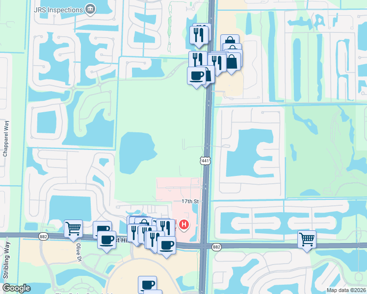 map of restaurants, bars, coffee shops, grocery stores, and more near 1341 Florida 7 in Wellington