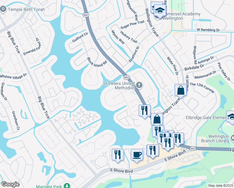 map of restaurants, bars, coffee shops, grocery stores, and more near 12435 Peconic Court in Wellington