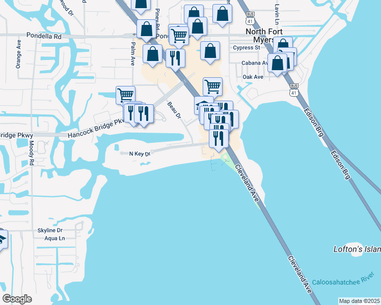 map of restaurants, bars, coffee shops, grocery stores, and more near 3342 North Key Drive in North Fort Myers
