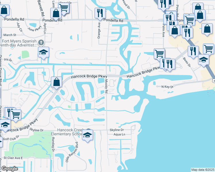 map of restaurants, bars, coffee shops, grocery stores, and more near 3260 Lee Way Court in North Fort Myers
