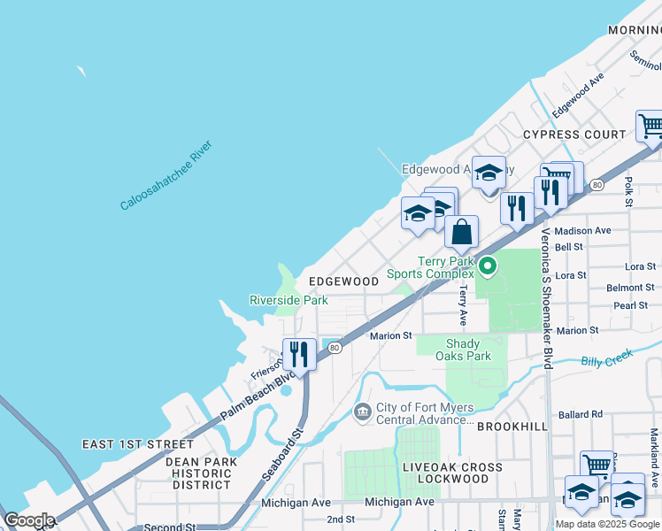 map of restaurants, bars, coffee shops, grocery stores, and more near 3165 East Riverside Drive in Fort Myers