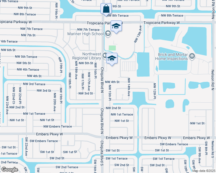 map of restaurants, bars, coffee shops, grocery stores, and more near 302 Northwest 15th Place in Cape Coral