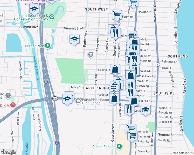 map of restaurants, bars, coffee shops, grocery stores, and more near 810 Franklin Road in West Palm Beach