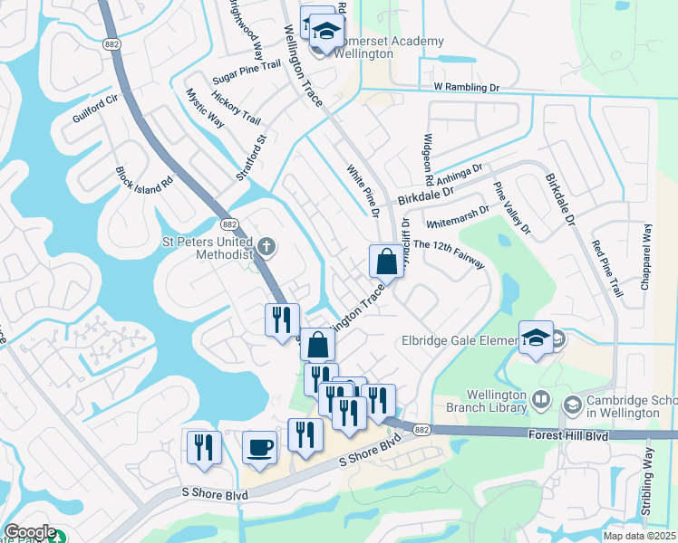 map of restaurants, bars, coffee shops, grocery stores, and more near 1538 Waterway Lane in Wellington