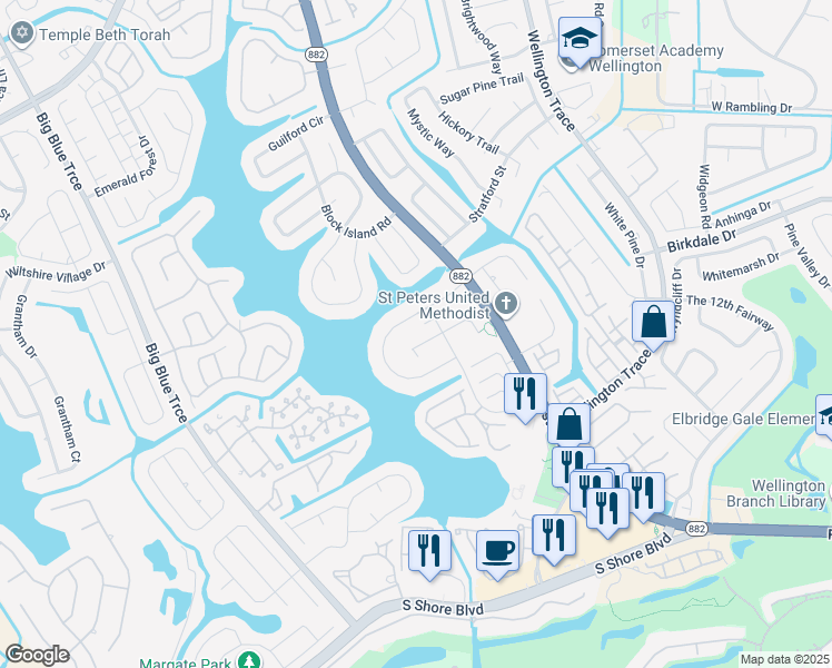map of restaurants, bars, coffee shops, grocery stores, and more near 12435 Peconic Court in Wellington