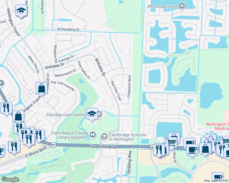 map of restaurants, bars, coffee shops, grocery stores, and more near 1509 Red Pine Trail in Wellington