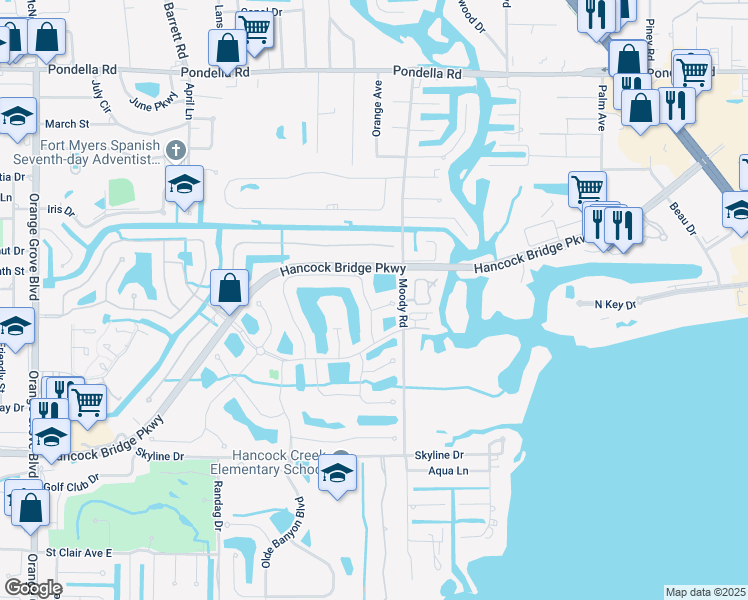 map of restaurants, bars, coffee shops, grocery stores, and more near 13225 Silver Thorn Loop in North Fort Myers